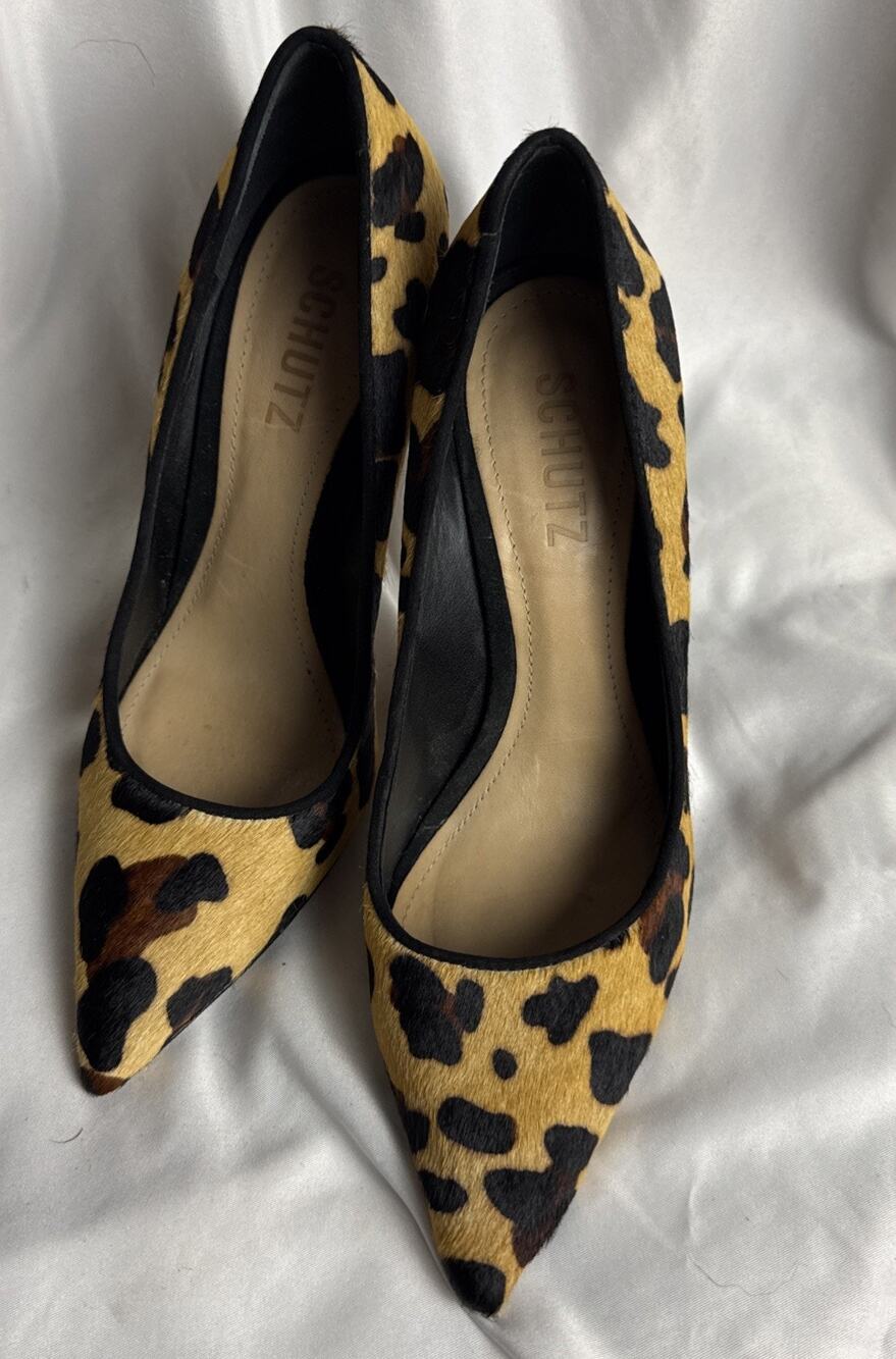 SCHUTZ Cajolea Leopard Calf Hair Pointed Toe Stiletto Pumps Leather Sole 7 B